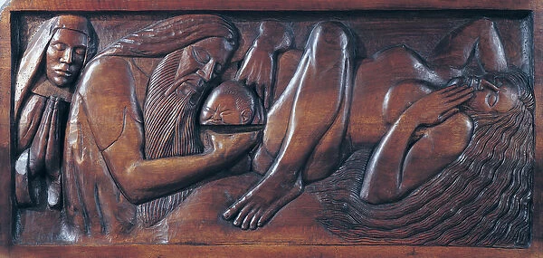 Birth, wooden bed panel, 1894 (wood)