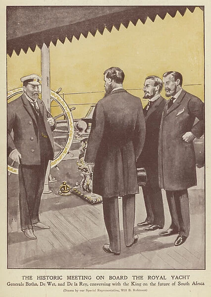 Boer Generals Louis Botha, Christiaan de Wet and Koos de la Rey meeting King Edward VII on board the Royal Yacht, 1902 (colour litho)