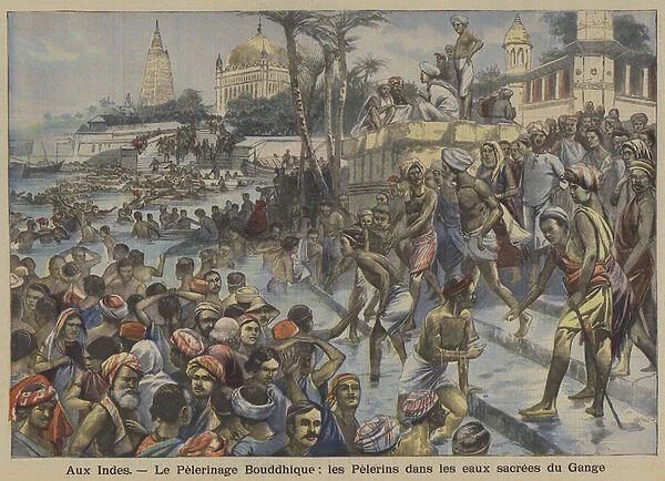 Buddhist pilgrims bathing in the sacred waters of the River Ganges in India (colour litho)