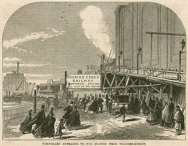 Charing Cross Station, London: The temporary entrance to the station from Villiers Street (engraving)