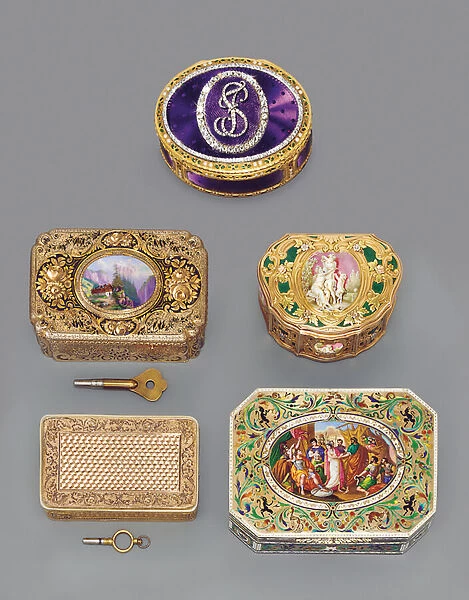 Collection of singing-bird boxes and snuff boxes (enamel & silver-gilt)