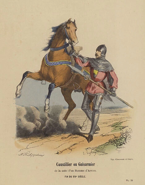 Coustillier ou Guisarmier de la suite d un Homme d Armes, Fin Du XIVe Siecle (coloured engraving)