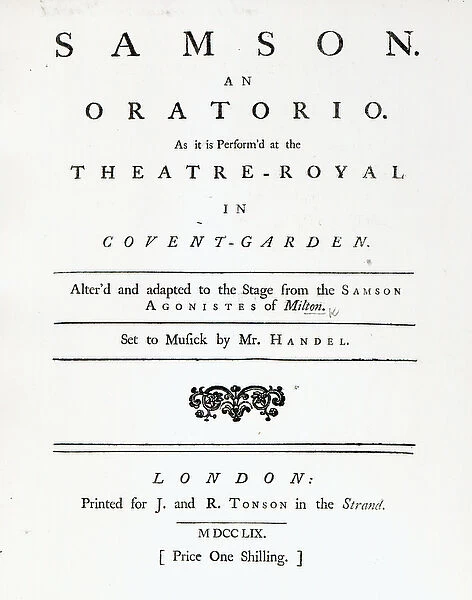 Cover of Sheet Music for Samson, an Oratorio by Handel, published in 1759 (engraving)
