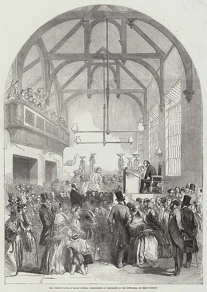 The Dunmow Flitch of Bacon Custom, Examination of Candidates in the Town-Hall, at Great Dunmow (engraving)