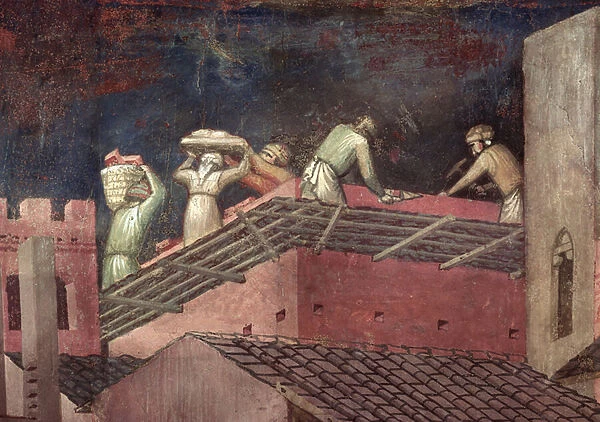 Effects of Good Government in the City, detail of workers building a house, 1338-40 (fresco)