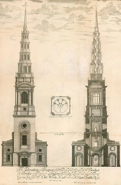 The elevation and prospect of the west end of the steeple of St Brides church in Fleet Street, London (engraving)