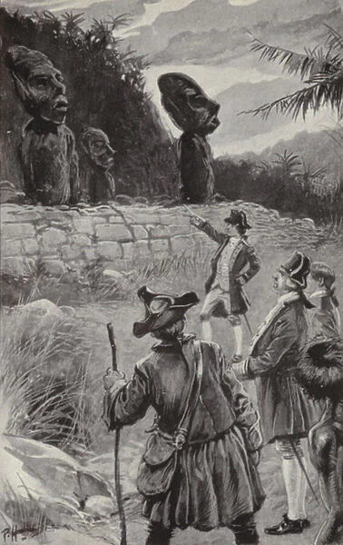 Examining the statues on Easter Island (litho)