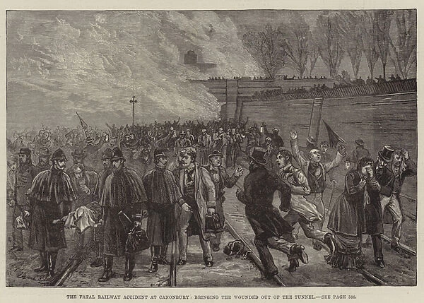 The Fatal Railway Accident at Canonbury, bringing the Wounded out of the Tunnel (engraving)