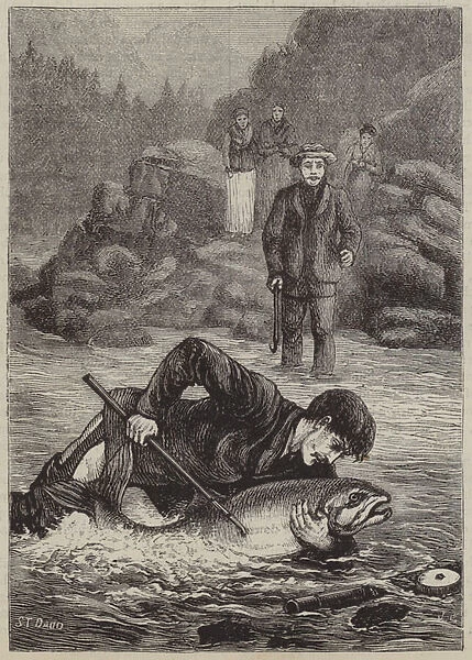 Fighting the salmon in Norway (engraving)