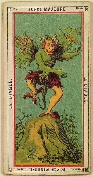 Force Majeure, The Devil tarot card (coloured engraving)