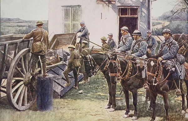 French Lancers arriving at a village outpost, coming in aid of the British forces