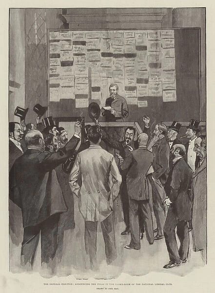 The General Election, announcing the Polls in the Smoke-Room of the National Liberal Club (engraving)