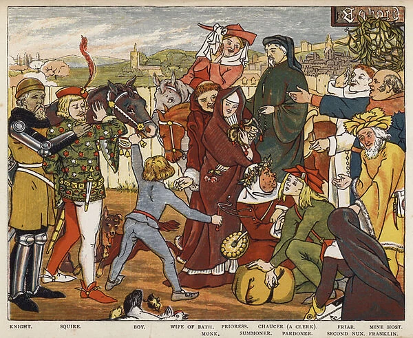 Geoffrey Chaucer, The Canterbury Tales, The Pilgrims leaving The Tabard Inn (colour litho)