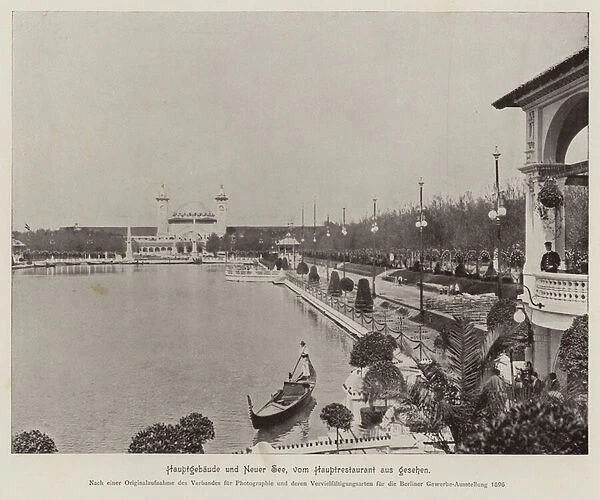 Gewerbe Ausstellung 1896: Hauptgebaude und Neuer See, vom Hauptrestaurant aus gesehen (b  /  w photo)