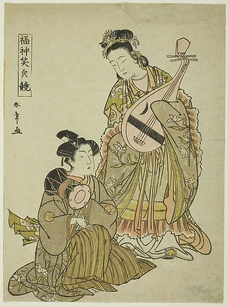The Goddess Benten Holding a Biwa and a Young Man Holding a Shoulder Drum, from the series 'Comparing the Smiles of the Lucky Gods, late 1780s (colour woodblock print;koban)