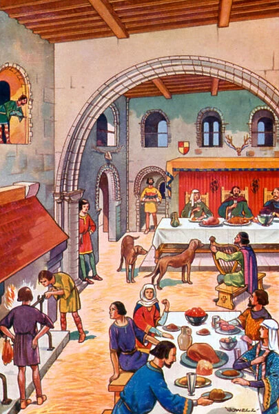 In the Great Hall of a Norman Castle (colour litho)