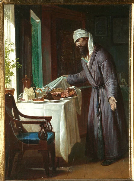 Gueule de bois du matin (Morning Hangover) - Peinture de Firs Sergeevich Zhuravlev (1836-1901), huile sur toile, 40x29, 6 cm, fin 19eme siecle - Collection privee