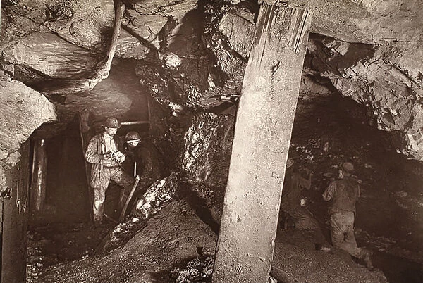 Heave, looking west, Blue Hills mine, illustration from Mongst mines and miners, or Underground Scenes by Flash-Light by J. C. Burrows and William Thomas, pub. 1893 (sepia photo)