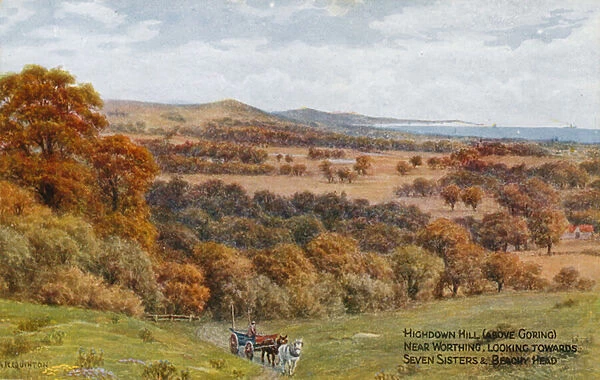 Highdown Hill (above Goring), near Worthing, looking towards Seven Sisters and Beachy Head (colour litho)