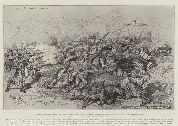 The Indian Frontier Rising, a Baggage Guard of the Queens Regiment beating off an Attack on a Convoy in the Arhanga Defile (litho)