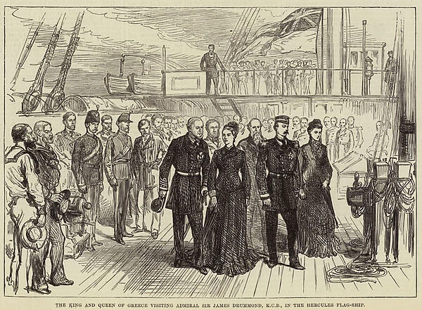The King and Queen of Greece visiting Admiral Sir James Drummond, KCB, in the Hercules Flag-Ship (engraving)