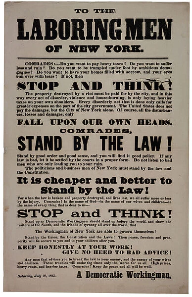 To the Laboring Men of New York, 18 July 1863 (litho)