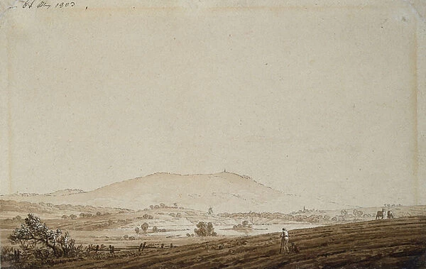 Landscape in Bohemia with a view of Mount Jeschken, 1803 (pen & ink wash on paper)