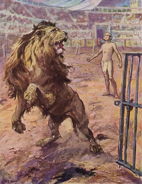 The lion... halted abruptly in the arena, raised itself half on end, uttered a baffled howl (colour litho)