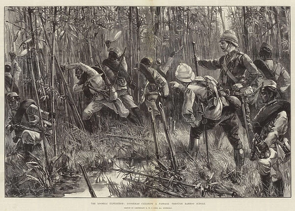 The Looshai Expedition, Goorkhas clearing a Passage through Bamboo Jungle (engraving)