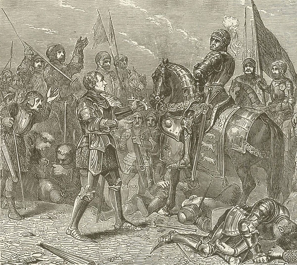 Lord Stanley bringing the Crown of Richard to Richmond, after the Battle of Bosworth (engraving)