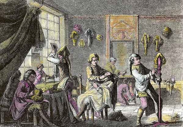 Louis XV fashion: view of the interior of a wig hairdresser. Engraving around 1755