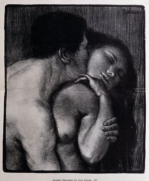 Man kissing a woman. Lithograph by Pere Torne-Esquius (Torne Esquius, 1879-1936), 1907 - in 'Geschichte des Erotischen Kunst'by Edouard Fuchs, Berlin, 1908