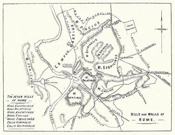 Map of the walls and seven hills of ancient Rome (litho)