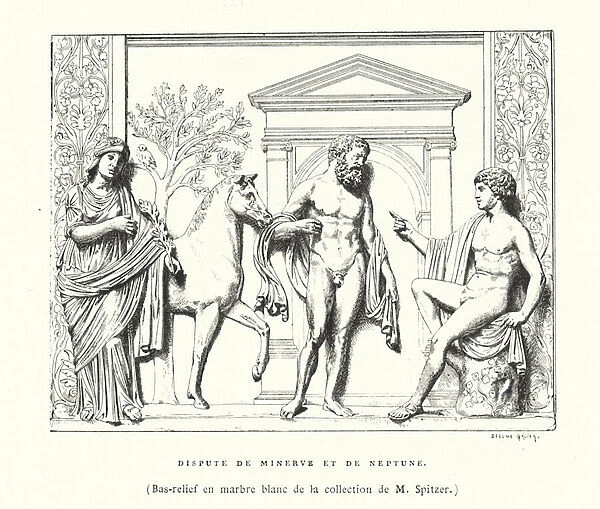 Marble bas-relief depicting the dispute between Minerva and Neptune (engraving)