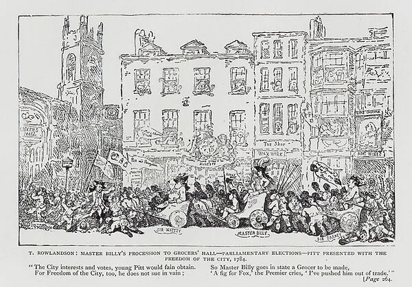 Master Billys Procession to Grocers Hall - Parliamentary Elections - Pitt Presented with the Freedom of the City, satire on William Pitt the Younger and the 1784 British general election (engraving)