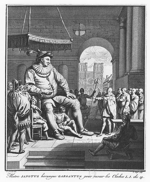 Master Janotus harangues Gargantua to give back the bells, illustration from The