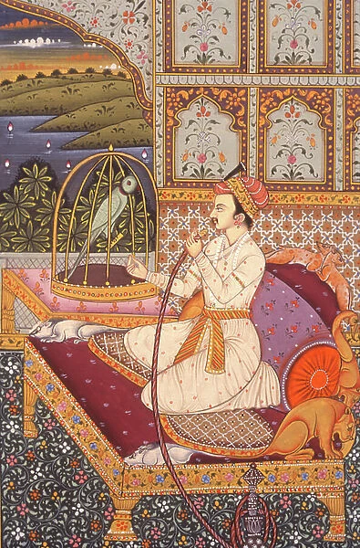 Miniature Painting of Mughal Prince Enjoying Hooka, India