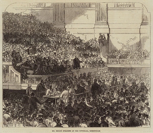 Mr Bright speaking at the Townhall, Birmingham (engraving)