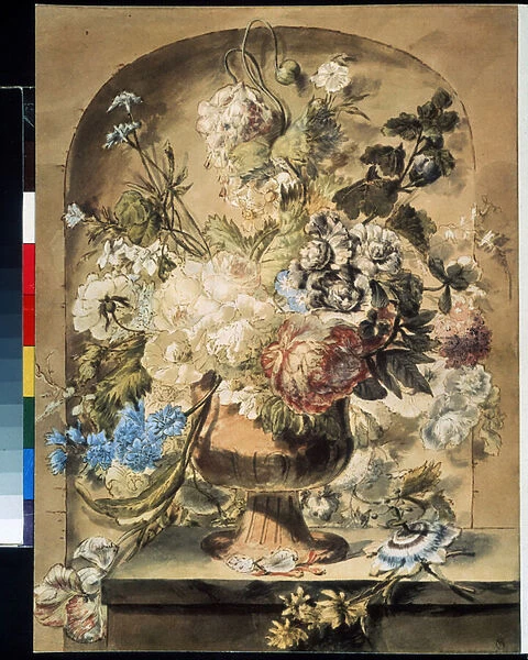 'Nature morte aux fleurs'Aquarelle de Jan van Os (1744-1808) 18eme siecle Musee Pouchkine, Moscou