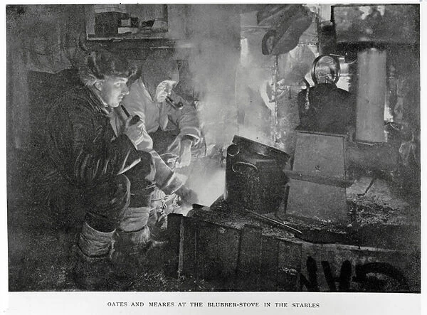 Oates & Meares at the blubber stove in the stables, 1911 (b  /  w photo)