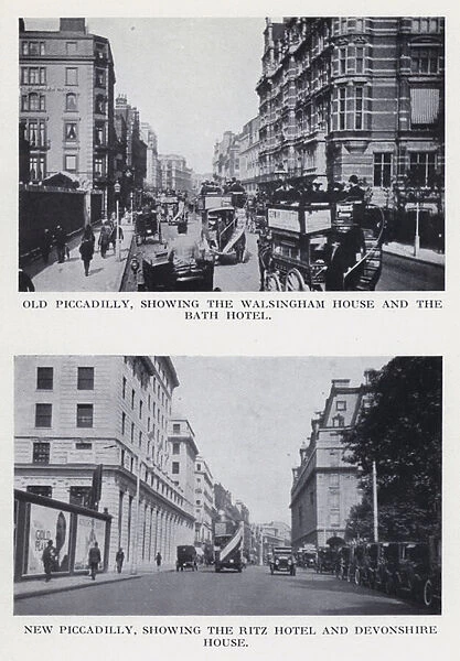 Old Piccadilly, showing the Walsingham House and the Bath Hotel; New Piccadilly, showing the Ritz Hotel and Devonshire House (b  /  w photo)