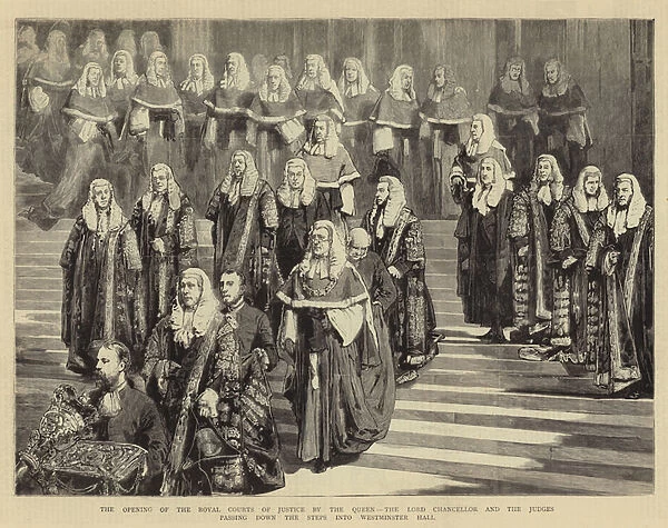 The Opening of the Royal Courts of Justice by the Queen, the Lord Chancellor and the Judges passing down the Steps into Westminster Hall (engraving)