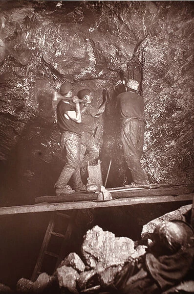 Overhand Stoping, Cooks Kitchen mine, illustration from Mongst mines and miners, or Underground Scenes by Flash-Light by J. C. Burrows and William Thomas, pub. 1893 (sepia photo)