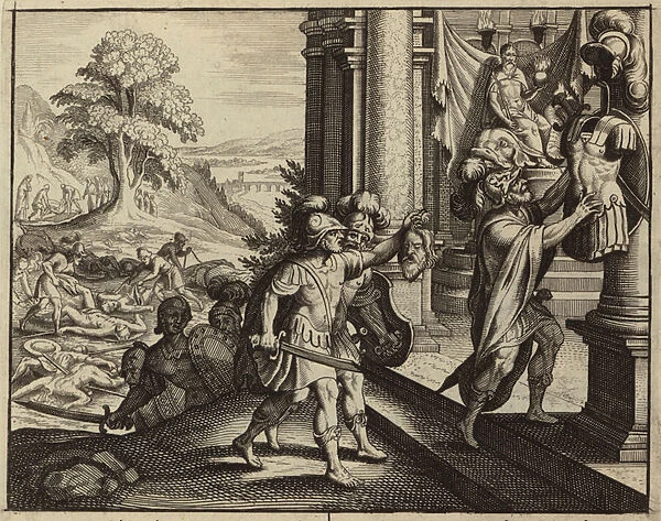 Philistines putting the head of Saul in the temple of their god Dagon (engraving)