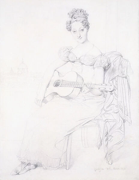 Portrait of Miss Elizabeth Keating playing her Guitar, 1816 (black lead on paper)