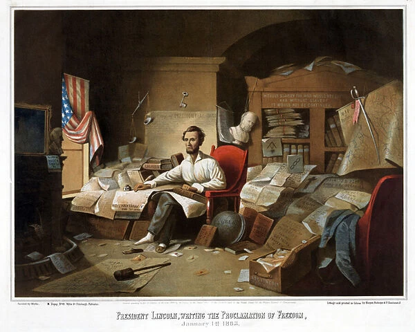 President Lincoln, writing the Proclamation of Freedom, January 1st, 1863, pub. 1864 (colour litho)