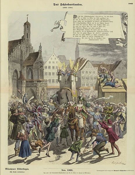 Procession of the Schoenbartlaufen, Nuremberg, Germany, 1349-1539 (coloured engraving)