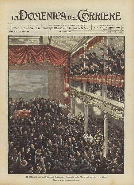 The proclamation of the railway strike, the rally in the Railway Workers House in Milan (colour litho)