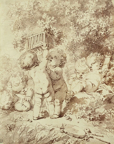 Six Putti at Play, Two Holding Up a Cage, (red chalk)