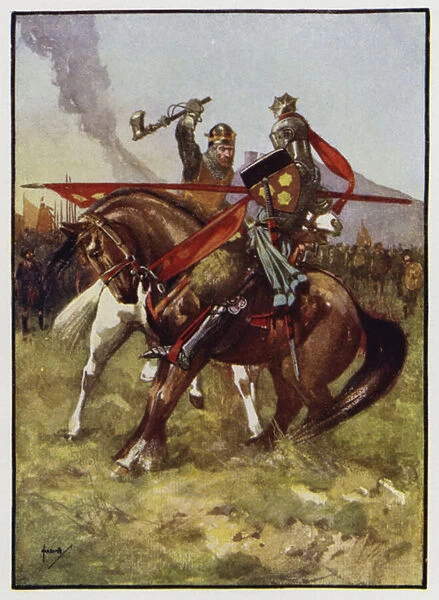 Robert the Bruce, King of Scotland, killing the English knight Henry de Bohun in combat at the Battle of Bannockburn, 1314 (colour litho)